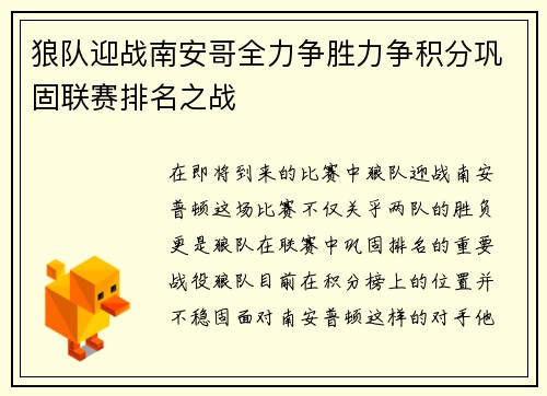 狼队迎战南安哥全力争胜力争积分巩固联赛排名之战